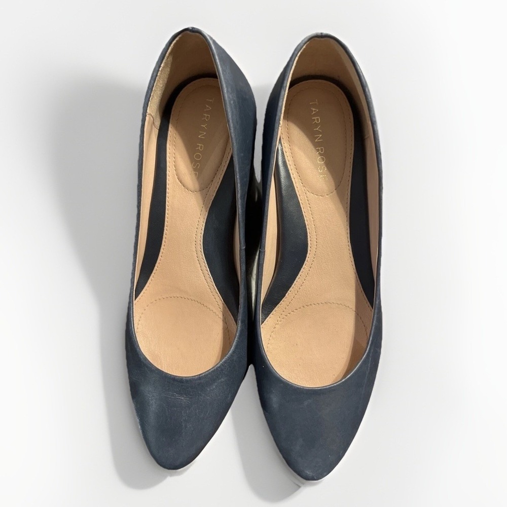 Taryn Rose Rochelle Navy Blue Leather Wedge Pumps Almond Toe Shoes Womens 7B 37‎